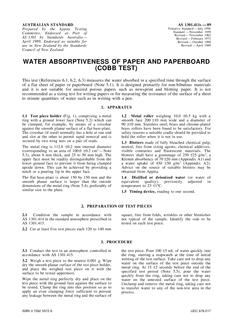 AS 1301.411S: 01/01/1989 Methods of test for pulp and paper (metric units) – Water absorptiveness of paper and paperboard (Cobb test)