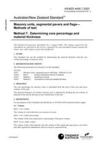 AS/NZS 4456.7: 09/25/2003 Masonry units, segmental pavers and flags – Methods of test, Method 7: Determining core percentage and material thickness