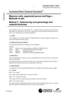 AS/NZS 4456.7: 09/25/2003 Masonry units, segmental pavers and flags – Methods of test, Method 7: Determining core percentage and material thickness