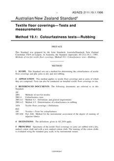 AS/NZS 2111.19.1: 08/05/1996 Textile floor coverings – Tests and measurements, Method 19.1: Colourfastness tests – Rubbing