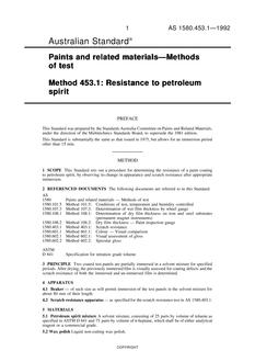 AS 1580.453.1: 01/01/1992 Paints and related materials – Methods of test – Resistance to petroleum spirit