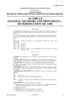 AS 2300.1.5: 12/31/1987 Methods of chemical and physical testing for the dairying industry, Method 1.5: General methods and principles – Determination of ash
