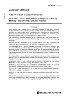 AS 3894.1: 06/07/2002 Site testing of protective coatings, Method 1: Non-conductive coatings – Continuity testing – High voltage (brush) method