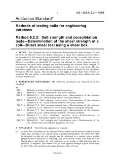 AS 1289.6.2.2: 01/01/1998 Methods of testing soils for engineering purposes, Method 6.2.2: Soil strength and consolidation tests – Determination of shear strength of a soil – Direct shear test using a shear box