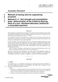 AS 1289.6.1.1: 09/30/2014 Methods of testing soils for engineering purposes, Method 6.1.1: Soil strength and consolidation tests – Determination of the California Bearing Ratio of a soil – Standard laboratory method for a remoulded specimen