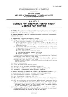 AS 2701.3: 12/31/1983 Methods of sampling and testing mortar for masonry construction – Method for preparation of fresh mortar for testing