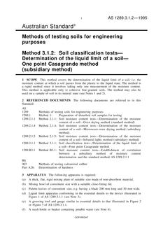 AS 1289.3.1.2: 01/01/1995 Methods of testing soils for engineering purposes, Method 3.1.2: Soil classification tests – Determination of the liquid limit of a soil – One point Casagrande method (subsidiary method)