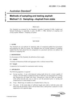 AS 2891.1.3: 06/25/2008 Methods of sampling and testing asphalt, Method 1.3: Sampling – Asphalt from slabs