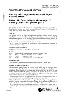 AS/NZS 4456.18: 09/25/2003 Masonry units, segmental pavers and flags – Methods of test, Method 18: Determining tensile strength of masonry units and segmental pavers