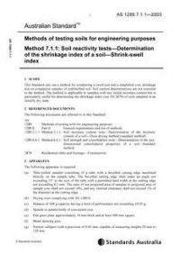 AS 1289.7.1.1: 01/21/2003 Methods of testing soils for engineering purposes, Method 7.1.1: Soil reactivity tests – Determination of the shrinkage index of a soil – Shrink-swell index