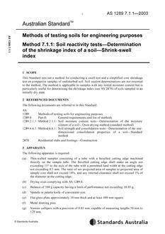 AS 1289.7.1.1: 01/21/2003 Methods of testing soils for engineering purposes, Method 7.1.1: Soil reactivity tests – Determination of the shrinkage index of a soil – Shrink-swell index