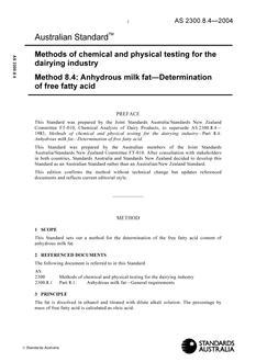 AS 2300.8.4: 02/04/2004 Methods of chemical and physical testing for the dairying industry, Method 8.4: Anhydrous milk fat – Determination of free fatty acid