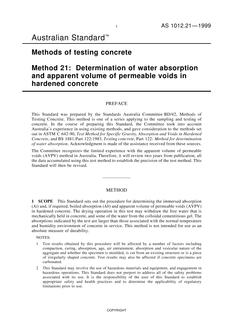 AS 1012.21: 08/05/1999 Methods of testing concrete, Method 21: Determination of water absorption and apparent volume of permeable voids in hardened concrete