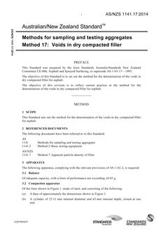 AS/NZS 1141.17: 05/09/2014 Methods for sampling and testing aggregates, Method 17: Voids in dry compacted filler AS/NZS 1141.17: 05/09/2014 Methods for sampling and testing aggregates, Method 17: Voids in dry compacted filler