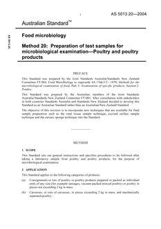 AS 5013.20: 01/01/2004 Food microbiology, Method 20: Preparation of test samples for microbiological examination – Poultry and poultry products
