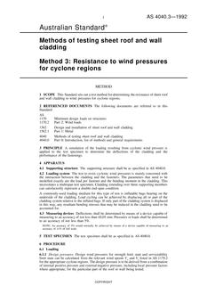 AS 4040.3: 07/20/1992 Methods of testing sheet roof and wall cladding, Method 3: Resistance to wind pressures for cyclone regions