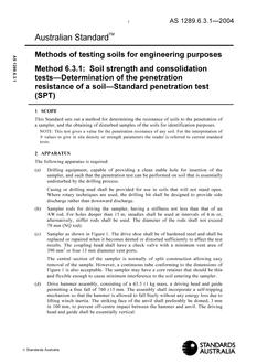 AS 1289.6.3.1: 03/12/2004 Methods of testing soils for engineering purposes, Method 6.3.1: Soil strength and consolidation tests – Determination of the penetration resistance of a soil – Standard penetration test (SPT)