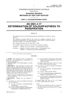 AS 2001.4.17: 12/31/1979 Methods of test for textiles, Part 4.17: Colourfastness tests – Determination of colourfastness to perspiration
