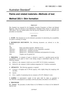AS 1580.203.1: 01/01/1993 Paints and related materials – Methods of test – Skin formation