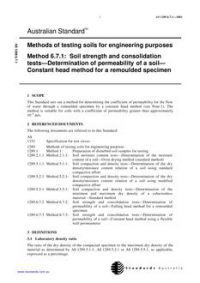 AS 1289.6.7.1: 07/12/2001 Methods of testing soils for engineering purposes, Method 6.7.1: Soil strength and consolidation tests – Determination of permeability of a soil – Constant head method for a remoulded specimen