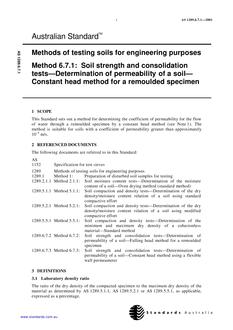 AS 1289.6.7.1: 07/12/2001 Methods of testing soils for engineering purposes, Method 6.7.1: Soil strength and consolidation tests – Determination of permeability of a soil – Constant head method for a remoulded specimen