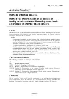AS 1012.4.2: 07/05/1999 Methods of testing concrete, Method 4.2: Determination of air content of freshly mixed concrete – Measuring reduction in air pressure in chamber above concrete