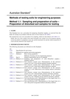 AS 1289.1.1: 01/01/1999 Methods of testing soils for engineering purposes, Method 1.1: Sampling and preparation of soils – Preparation of disturbed samples for testing