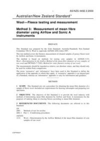 AS/NZS 4492.3: 02/18/2000 Wool-Fleece testing and measurement, Method 3: Measurement of mean fibre diameter using Airflow and Sonic A instruments
