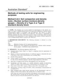 AS 1289.5.8.5: 06/05/1998 Methods of testing soils for engineering purposes, Method 5.8.5: Soil compaction and density tests – Nuclear surface moisture-density gauges – Density of a Type A or Type C standard density block
