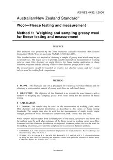 AS/NZS 4492.1: 02/18/2000 Wool-Fleece testing and measurement, Method 1: Weighing and sampling greasy wool for fleece testing and measurement