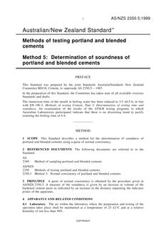 AS/NZS 2350.5: 01/05/1999 Methods of testing portland and blended cements, Method 5: Determination of soundness of portland and blended cements AS/NZS 2350.5: 01/05/1999 Methods of testing portland and blended cements, Method 5: Determination of soundness of portland and blended cements