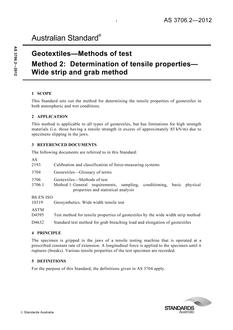 AS 3706.2: 04/30/2012 Geotextiles – Methods of test, Method 2: Determination of tensile properties – Wide strip and grab method