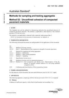 AS 1141.52: 06/30/2008 Methods for sampling and testing aggregates, Method 52: Unconfined cohesion of compacted pavement materials