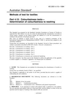AS 2001.4.15: 01/01/1994 Methods of test for textiles, Method 4.15: Colourfastness tests – Determination of colourfastness to washing