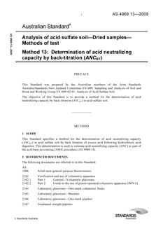 AS 4969.13: 03/18/2009 Analysis of acid sulfate soil – Dried samples – Methods of test, Method 13: Determination of acid neutralizing capacity by back-titration (ANCBT)