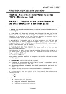AS/NZS 3572.21: 08/05/1997 Plastics – Glass filament reinforced plastics (GRP) – Methods of test, Method 21: Method for the determination of the shear strength of a sandwich panel