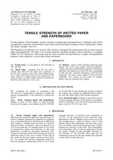 AS 1301.437S: 01/01/1989 Methods of test for pulp and paper (metric units) – Tensile strength of wetted paper and paperboard