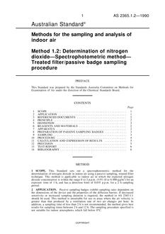 AS 2365.1.2: 08/06/1990 Methods for the sampling and analysis of indoor air, Method 1.2: Determination of nitrogen dioxide – Spectrophotometric method – Treated filter/passive badge sampling procedure