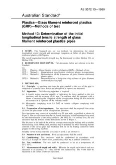 AS 3572.13: 12/31/1988 Plastics – Glass filament reinforced plastics (GRP) – Methods of test, Method 13: Determination of the initial longitudinal tensile strength of glass filament reinforced plastics pipes