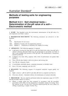 AS 1289.4.3.1: 03/05/1997 Methods of testing soils for engineering purposes, Method 4.3.1: Soil chemical tests – Determination of the pH value of a soil – Electrometric method