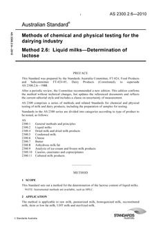 AS 2300.2.6: 09/03/2010 Methods of chemical and physical testing for the dairying industry, Method 2.6: Liquid milks – Determination of lactose