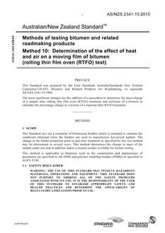 AS/NZS 2341.10: 09/28/2015 Methods of testing bitumen and related roadmaking products, Method 10: Determination of the effect of heat and air on a moving film of bitumen (rolling thin film oven (RTFO) test)