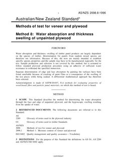 AS/NZS 2098.8: 12/05/1996 Methods of test for veneer and plywood, Method 8: Water absorption and thickness swelling of unpainted plywood
