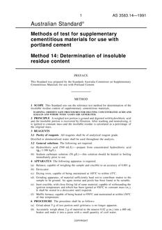 AS 3583.14: 03/27/1991 Methods of test for supplementary cementitious materials for use with portland cement, Method 14: Determination of insoluble residue content