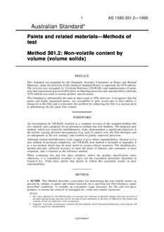 AS 1580.301.2: 09/16/1990 Paints and related materials – Methods of test, Method 301.2: Non-volatile content by volume (volume solids)