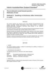 AS/NZS 4266.8(INT): 05/05/2001 Reconstituted wood-based panels – Methods of test, Method 8: Swelling in thickness after immersion in water