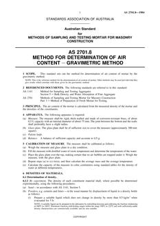 AS 2701.8: 12/31/1983 Methods of sampling and testing mortar for masonry construction – Method for determination of air content – Gravimetric method