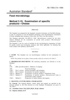 AS 1766.3.15: 01/01/1994 Food microbiology, Method 3.15: Examination of specific products – Cheese