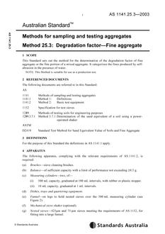 AS 1141.25.3: 09/05/2003 Methods for sampling and testing aggregates, Method 25.3: Degradation factor – Fine aggregate