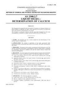 AS 2300.2.7: 12/31/1987 Methods of chemical and physical testing for the dairying industry, Method 2.7: Liquid milks – Determination of calcium
